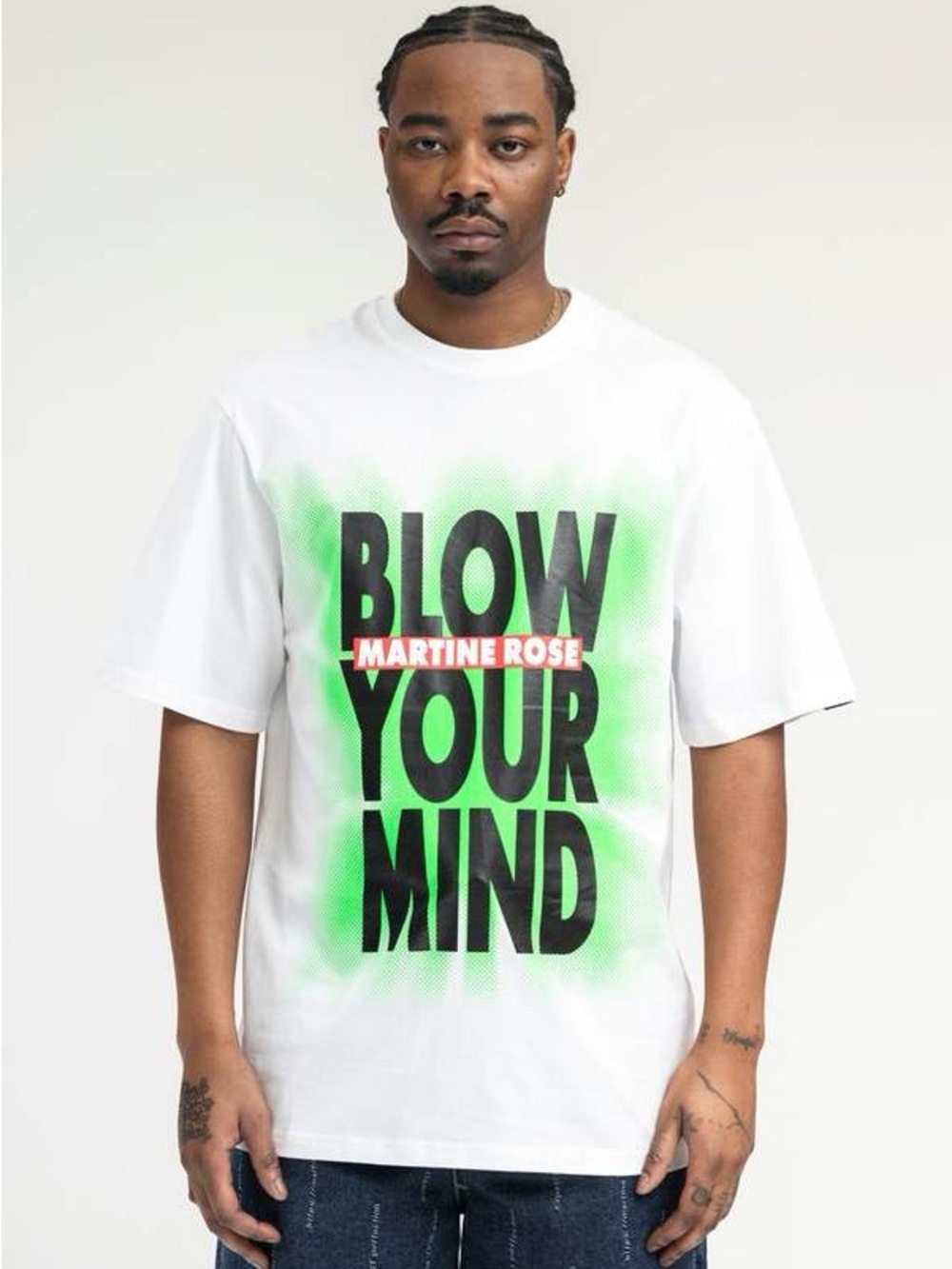 Martine Rose White Tee with Black Lettering & Green Accent